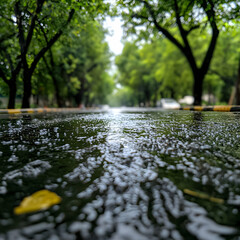 Fototapeta premium Wet City Street After Rain, Closeup View