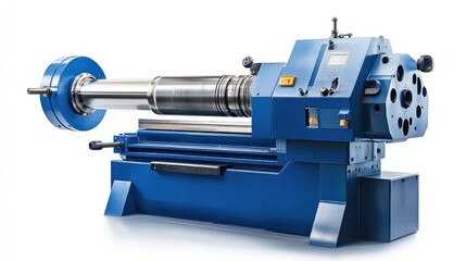 Blue industrial lathe machine isolated on white background.