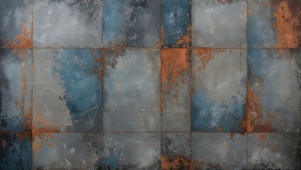The style is reminiscent of a rustic, industrial aesthetic with a mix of muted colors, primarily shades of gray and blue, interspersed with subtle hints of rust and brown.