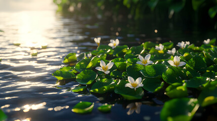 White Aquatic Flowers in Sunlight on Calm Water