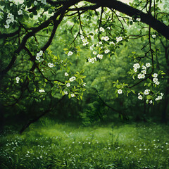 Fototapeta premium White Blossoms and Lush Green Forest