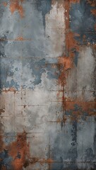 The style is reminiscent of a rustic, industrial aesthetic with a mix of muted colors, primarily shades of gray and blue, interspersed with subtle hints of rust and brown.