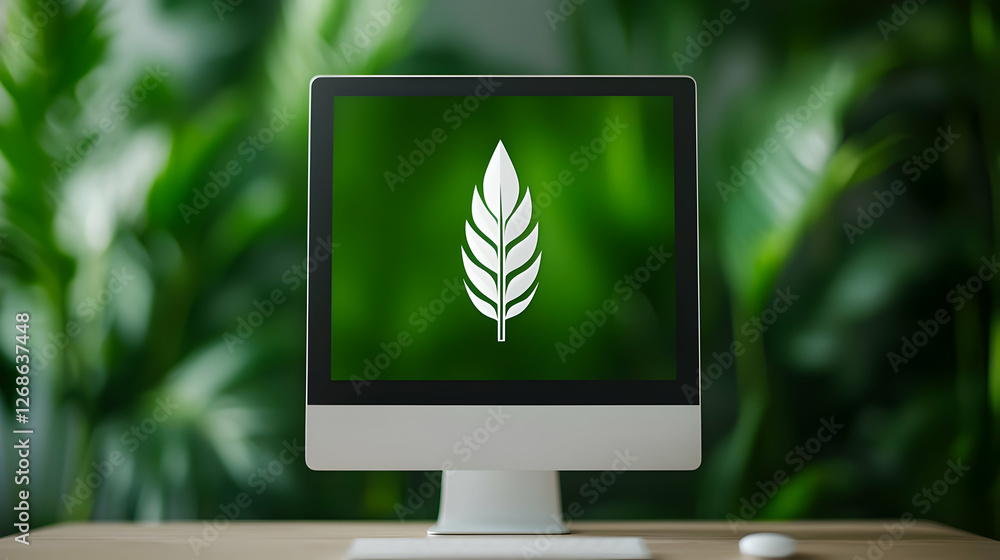 Poster white computer displaying green leaf icon against lush greenery background