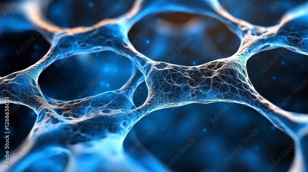 Poster abstract digital illustration of a complex network structure with glowing blue and white nodes conne