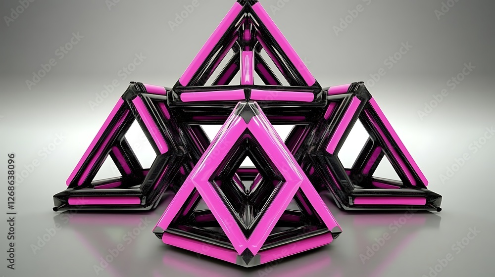 Poster abstract pink and black geometric structure: a 3d render of interlocking triangular prisms