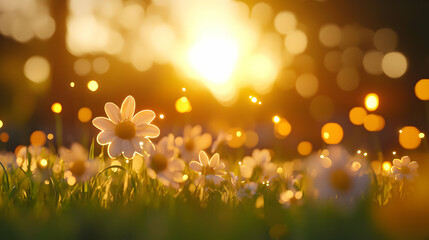 White Daisies in a Field at Sunset