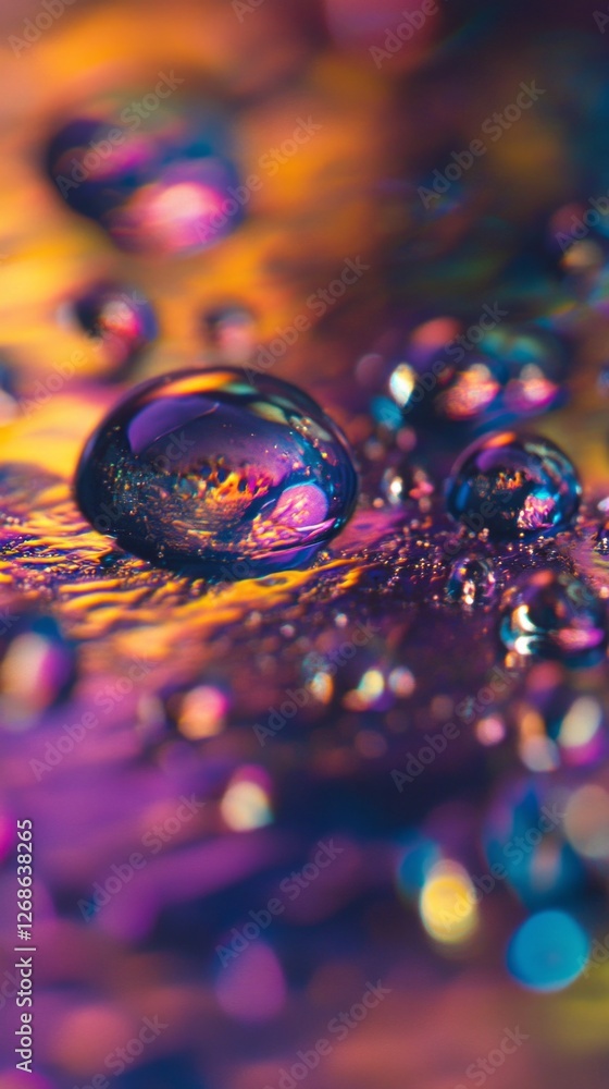 Poster Water droplets accumulate on a flawless surface, reflecting a stunning array of colors that shift with the light. This captivating display showcases nature's artistry in captivating detail