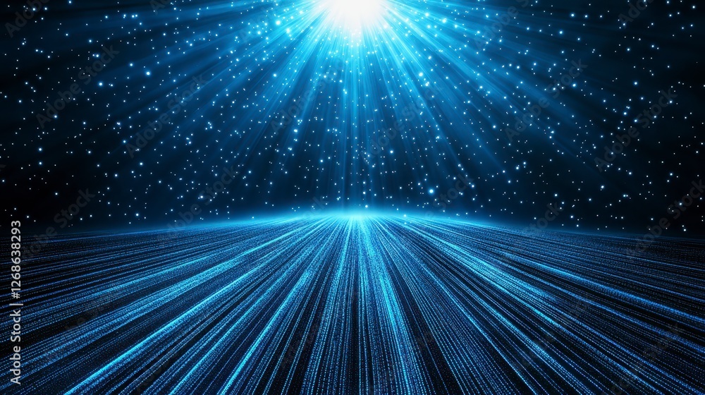 Poster abstract background with blue light rays emanating from a central point, illuminating a field of spa