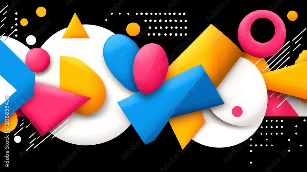 Poster abstract colorful geometric shapes on a dark background. bright pink, blue, yellow, and orange 3d fo