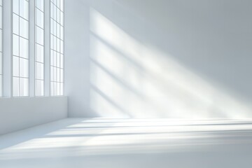Fototapeta premium Bright Sunlight Streaming Through Large Windows in a Minimalist White Room Interior Design