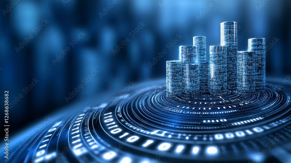 Poster abstract digital city skyline on a glowing sphere with binary code. blue and dark tones create a fut