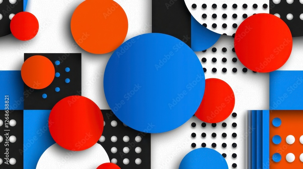 Poster abstract geometric pattern with red, blue, and black circles and squares on a textured white backgro