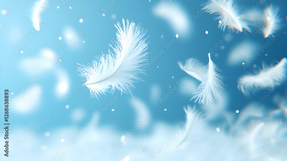 Poster white feathers floating on a light blue background
