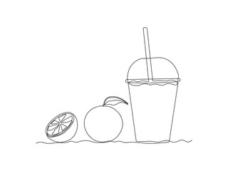 abstract orange citrus juice glass with lid and straw, continuous single one line art hand drawing sketch logo