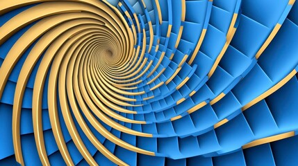 Abstract swirling pattern in gold and blue hues. 3D digital art with a vortex effect creating a sense of depth and movement. Geometric shapes and a
