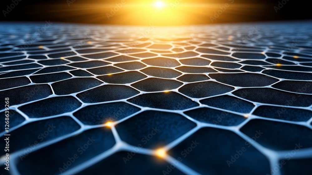 Poster abstract background with a hexagonal grid pattern. glowing nodes connect the grid, creating a futuri