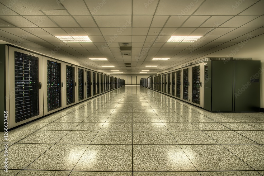 Poster modern data center with rows of servers and bright lighting