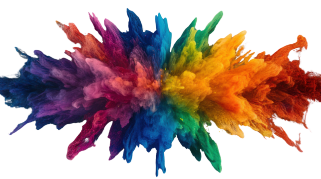 Colorful explosion of powder paint creating a vibrant rainbow on transparent background