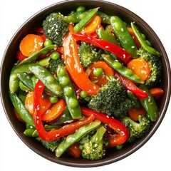 Colorful Assorted Fresh Vegetables in Bowl with Bright Green Peas, Carrots, Red and Green Bell Peppers, Broccoli, and Sesame Seeds