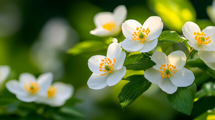 Obraz premium White Flowers with Dew Drops in Green Garden