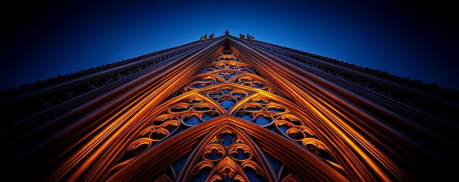 A stunning upward view of an intricately designed gothic archway illuminated by warm tones against a deep blue sky.