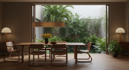 Fototapeta premium Dining Room Interior with Garden View, Wooden Table and Modern Decor