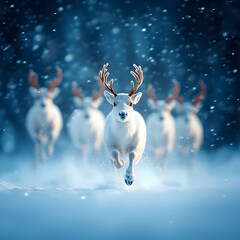 Fototapeta premium White Reindeer Running Through Snowy Forest at Night
