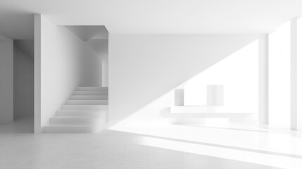 Obraz premium modern minimalist white interior design with staircase and sunli