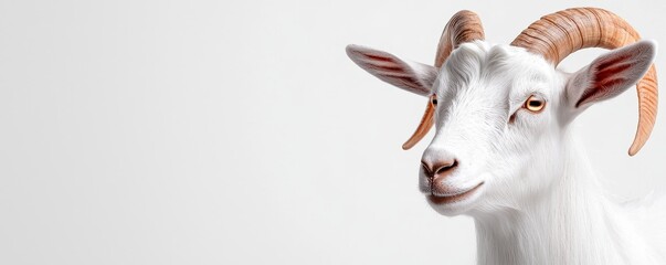 Fototapeta premium A close-up of a white goat with distinctive curved horns, displaying a calm expression against a neutral background.