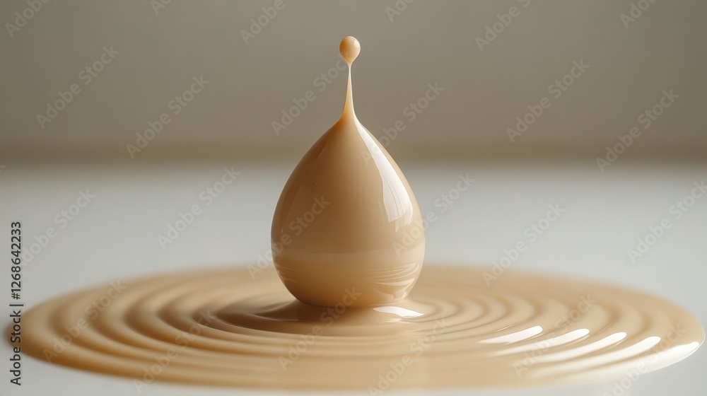 Poster close up view of a light beige liquid droplet suspended over a pool of liquid, creating concentric r