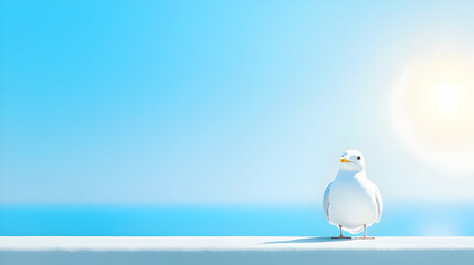 White Seagull on a White Wall Against a Bright Blue Sky and Ocean