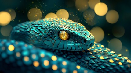 Fototapeta premium Close-up of a vibrant turquoise snake with golden eyes against a bokeh background.