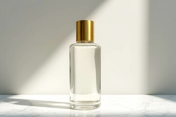 Naklejka premium Elegant Clear Glass Bottle with Gold Cap and Natural Light Effect