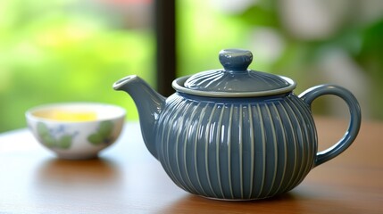 Blue ceramic teapot with ribbed texture sits on a wooden surface, next to a small teacup. Soft, natural light illuminates the scene. A blurred green