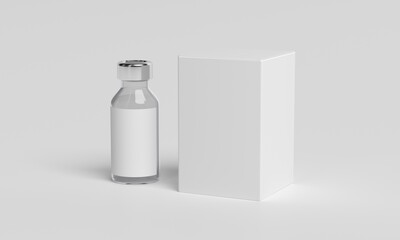Glass vial and white box mockup, three-quarter view 