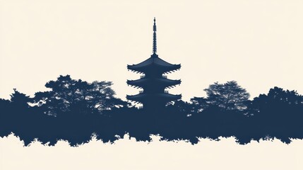 Silhouette of traditional japanese pagoda japan artwork natural landscape side monochrome
