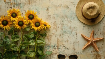 summer sunflowers beach hat starfish sunglasses