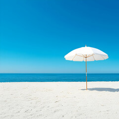 Fototapeta premium White Umbrella on Sandy Beach under Blue Sky