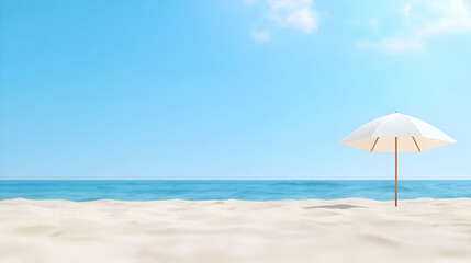 Fototapeta premium White Umbrella on Sandy Beach Under a Bright Blue Sky