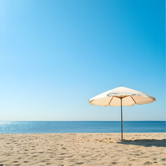 Fototapeta premium White Umbrella on Sandy Beach Under a Blue Sky