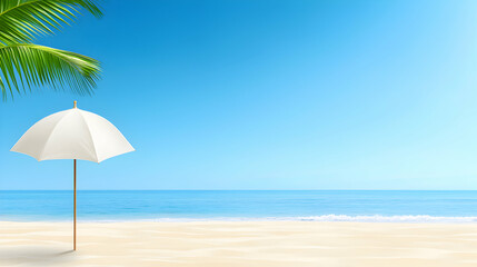 Fototapeta premium White Umbrella on Sandy Beach Under Blue Sky