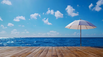 Obraz premium White Umbrella on Wooden Dock Over Blue Ocean Under Sunny Sky