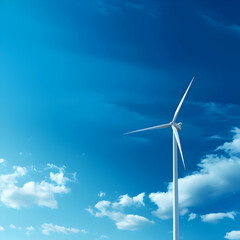 White Wind Turbine Against a Vivid Blue Sky with Fluffy Clouds