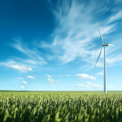 White Wind Turbine in Green Field Under Blue Sky