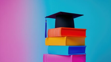 A mortarboard placed atop a stack of colorful textbooks, representing the culmination of studies in education and science