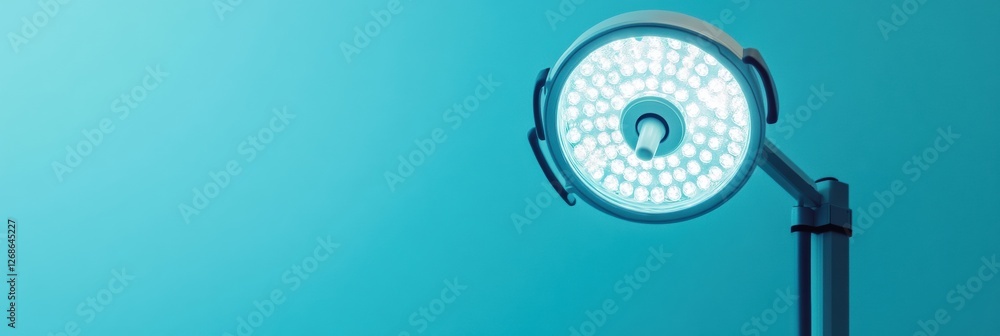 Poster surgical light illuminating a clean operating room with a calming blue background for efficient medi