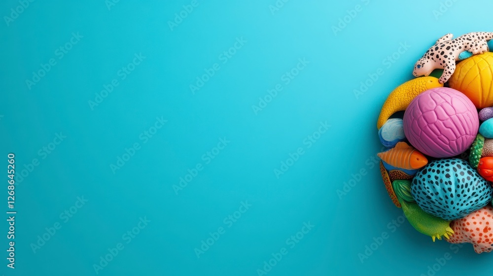 Poster colorful 3d rendering of various textured objects arranged in a circle on a light blue background, l