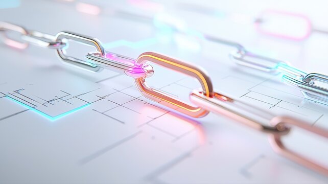 Abstract digital chain links on a blurred tech background symbolizing blockchain and connectivity.