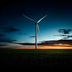 Obraz premium Wind Turbine at Sunset Over Green Field