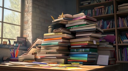 A pile of textbooks with clean spines, sitting next to sharpened pencils, rulers, and sticky notes, symbolizing education